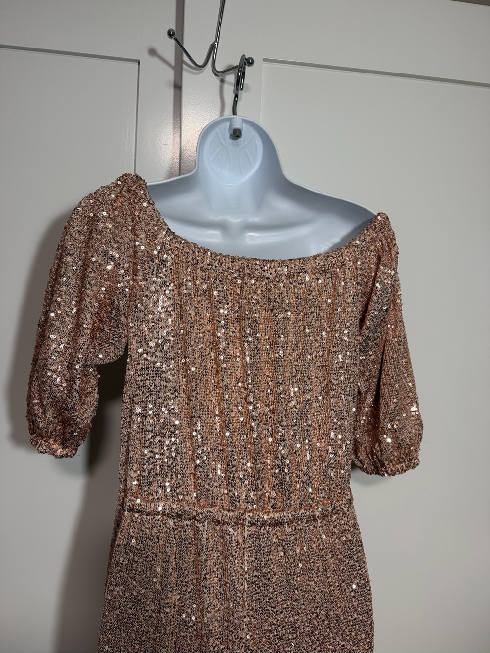 Rose Gold Fully Sequin Off-Shoulder Jumpsuit Blush Pink Size Medium Elastic Boho - Picture 6 of 9